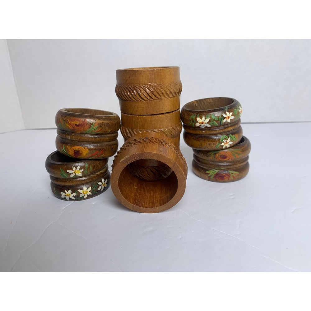 Vintage Hand Painted Floral & Carved Wood Napkin Rings Set of 8 Boho Farmhouse